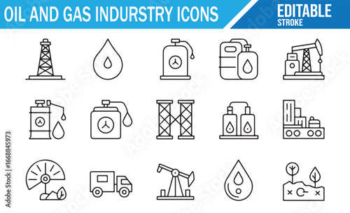 Editable Stroke Icons of Oil Drilling, Gas Supply, and Fuel Processing