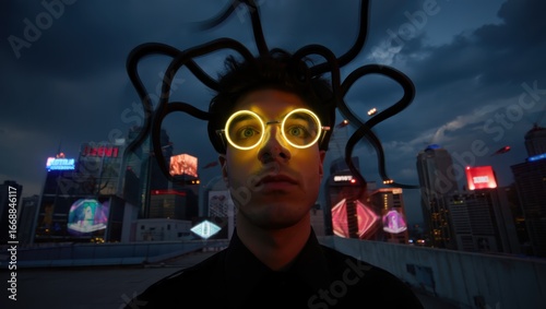 A stern figure with serpent-like hair and neon glasses stands on a cyberpunk rooftop under stormy skies
