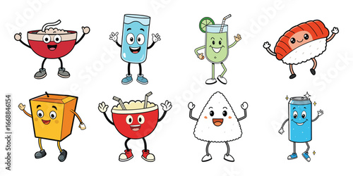 Cartoon Food and Drink Characters with Happy Expressions for Children s Illustration or Design