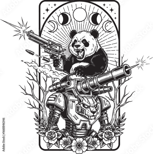 Panda Warrior with Gun in Fantasy Samurai Armor Vector