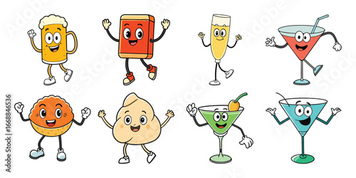 Fun cartoon beverage and snack characters with arms and legs dancing and celebrating on white
