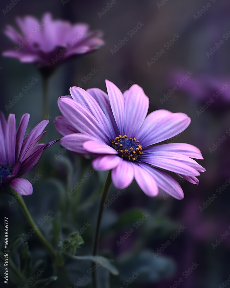 Obraz premium Delicate purple daisy flowers bloom in soft focus with a moody dark background