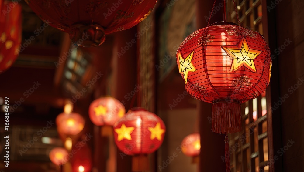 Naklejka premium Red lanterns hang in a temple, warm glow