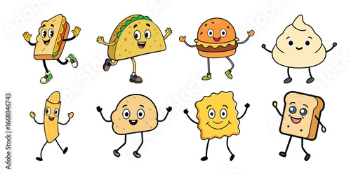 Collection of Funny Cartoon Food Characters Dancing and Smiling on a White Background