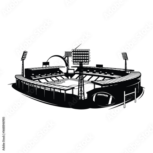 Dramatic black and white sketch of a sports stadium with floodlights and seating detailed architecture silhouette