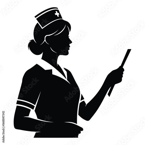 Silhouette of a nurse in uniform pointing with a stick medical professional healthcare worker silhouette
