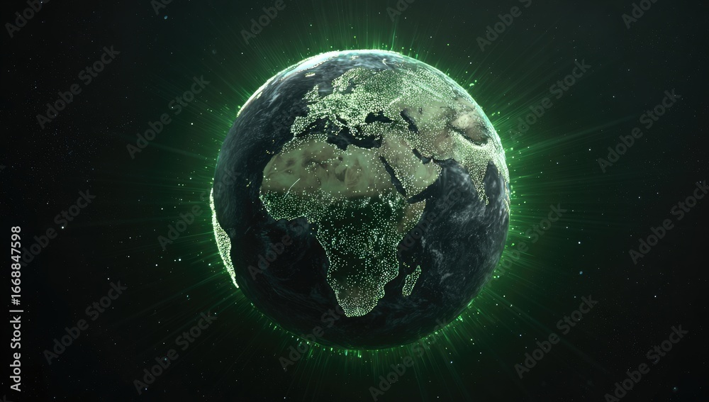 Obraz premium Earth globe, digitally enhanced with a vibrant green aura, highlighting continents and city lights
