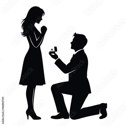 Romantic silhouette of man proposing marriage to woman with engagement ring hand gesture silhouette