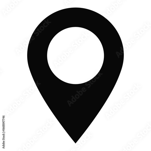 Simple black location pin icon symbol representing navigation destination and geographical pointer silhouette