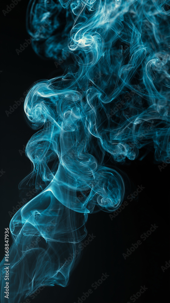 Fototapeta premium Abstract ethereal blue smoke gracefully swirls and dances against a dark backdrop, creating a mesmerizing visual experience. 