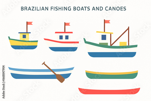 Brazilian fishing boats and canoes vector illustration set in flat design