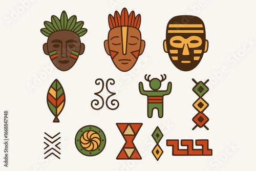Brazilian indigenous tribal masks and art symbols vector set