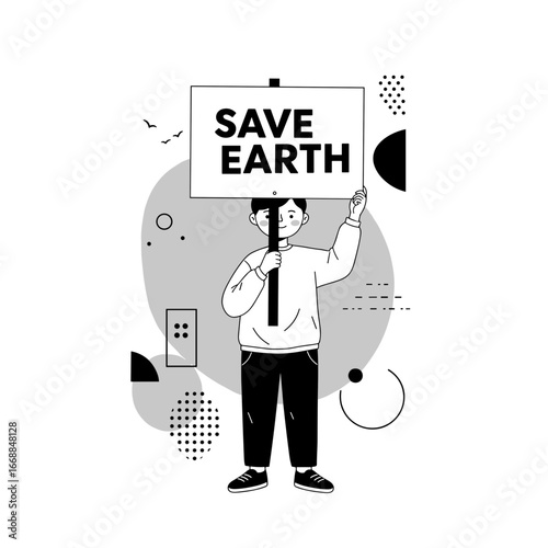 Child holding a sign saying Save Earth in black and white illustration  