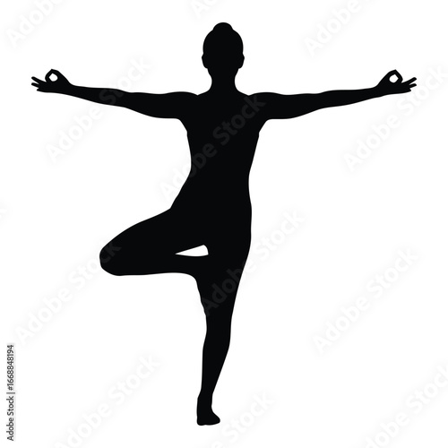 Silhouette of woman performing yoga tree pose vrikshasana with extended arms and mudra gestures silhouette