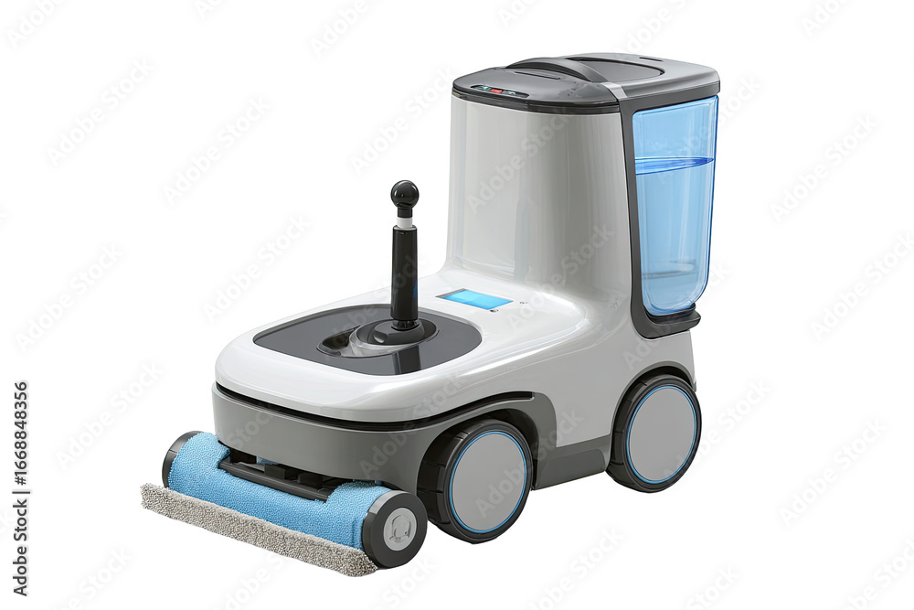Obraz premium Compact, automated floor cleaning robot with a light gray and white chassis, featuring a light blue mop attachment and water reservoir. A control panel and joystick are visible