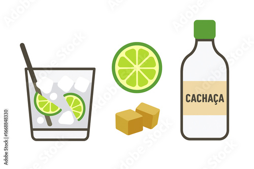 Caipirinha vector icon set with lime, sugar and cachaça