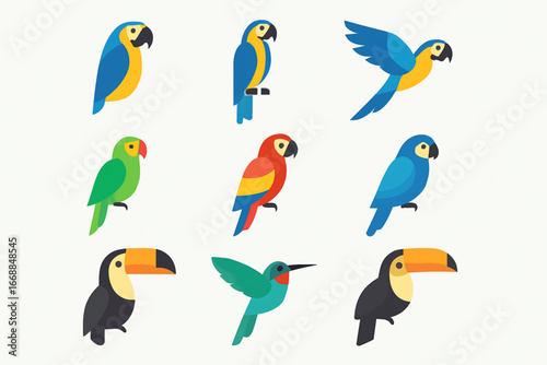 Brazilian macaw and tropical bird vector icons set
