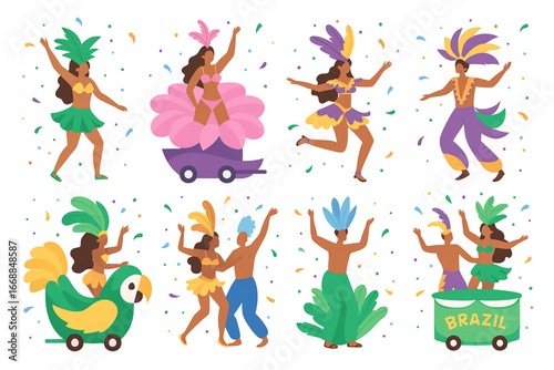 Brazilian carnival parade vector set with dancers, floats, and confetti