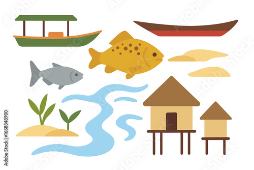 Flat design icons of Amazon River culture with boats, fish, and riverside huts
