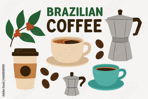 Brazilian coffee culture vector illustration set with cups, beans, and moka pots