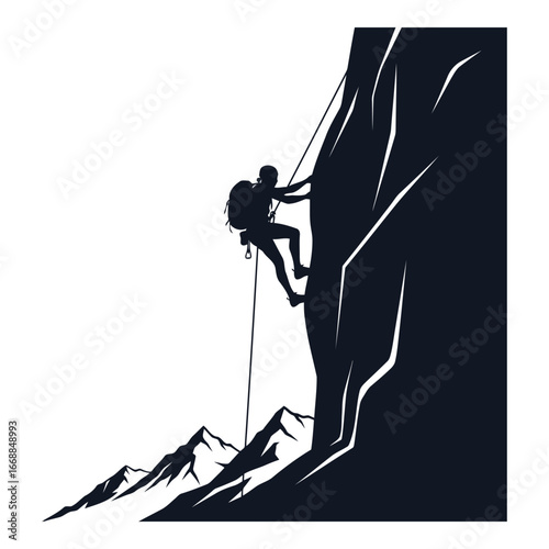 Silhouette of a climber ascending a steep rock face with ropes and mountain peaks below silhouette