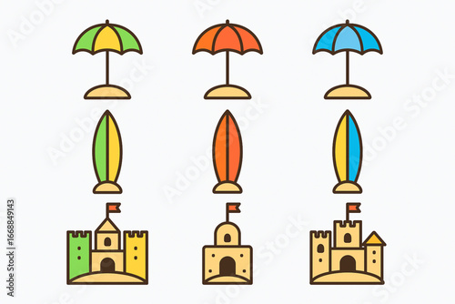 Brazilian beach culture vector icon set with umbrellas, surfboards, and sandcastles