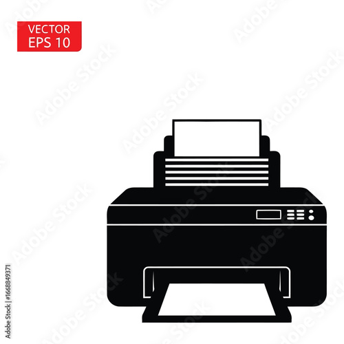 Modern black and white icon of a home office printer printing documents clearly silhouette