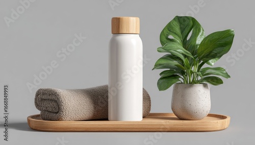 A minimalist, spa-like scene on a wooden tray