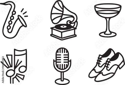 1920s Jazz Age Icon Set: 6 Black and White Line Icons for Speakeasy and Music Design, Featuring Saxophone, Gramophone, and Cocktail Symbols.