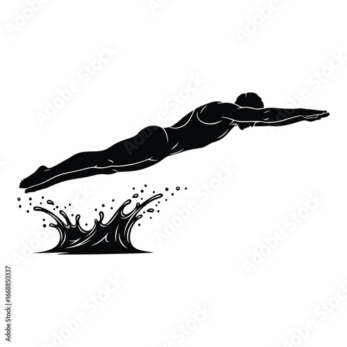 Dynamic silhouette of a swimmer executing a powerful dive into splashing water silhouette