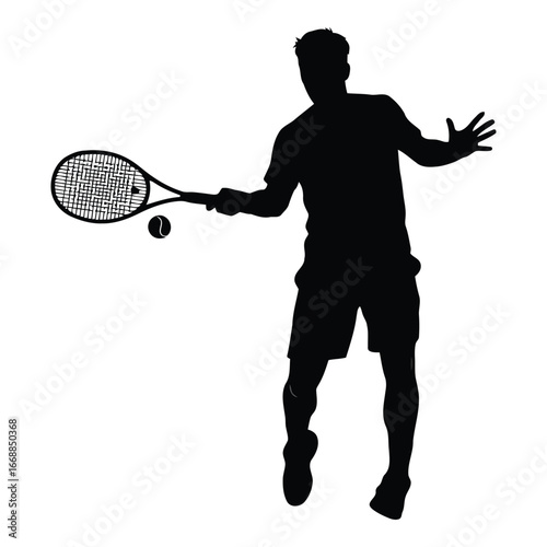 Silhouette of a male tennis player in action with racquet and ball on white silhouette
