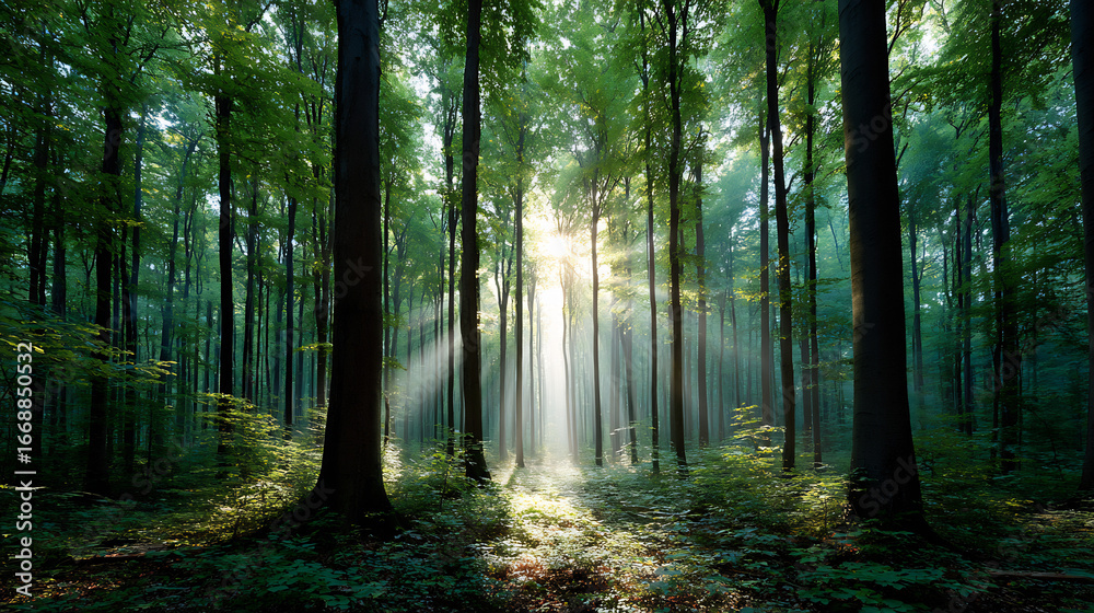 Obraz premium Golden Sunbeams Piercing Through Lush Green Forest Canopy in Misty Morning Light