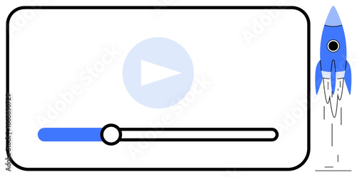 Play button on screen with progress bar and blue rocket launching upward. Ideal for innovation, media startup, video streaming, creativity, growth, success, rapid progress. Simple flat metaphor