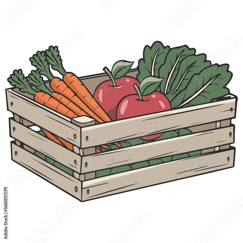 Fresh vegetables wooden box beets carrots apples isolated vector illustration on white background