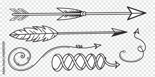 Assorted hand drawn arrow designs in black and white illustration doodles style icon set