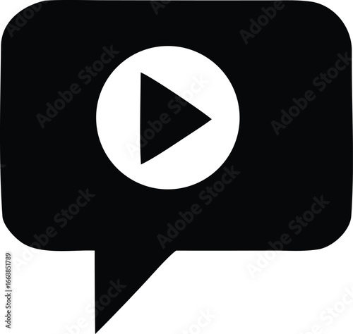 Black play button icon inside a speech bubble shape symbolizing video content or media communication