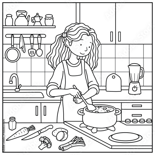 Girl cooking in the kitchen coloring page