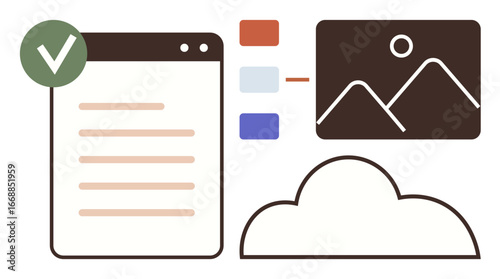 Browser window with checklist, images, cloud icon, and organized color-coded files indicating data sharing, organization, and cloud storage. Ideal for teamwork, planning, data storage workflow