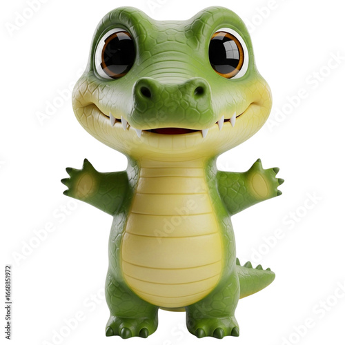 A playful 3D cartoon crocodile with large, expressive eyes and a wide, toothy grin, featuring a green body with a yellow underbelly. Perfect for children's media, animations, or whimsical design proje
