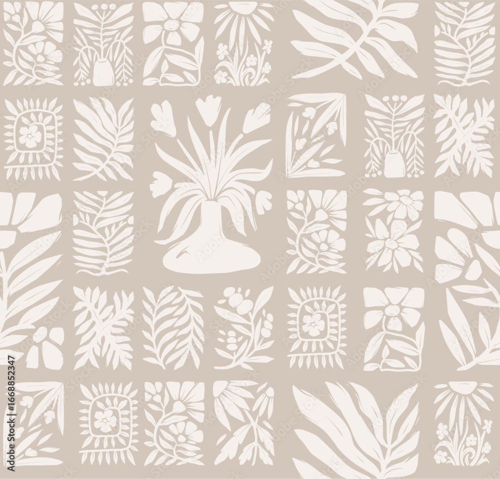 Obraz premium Seamless groovy linocut vector floral pattern with decorative botanical frames