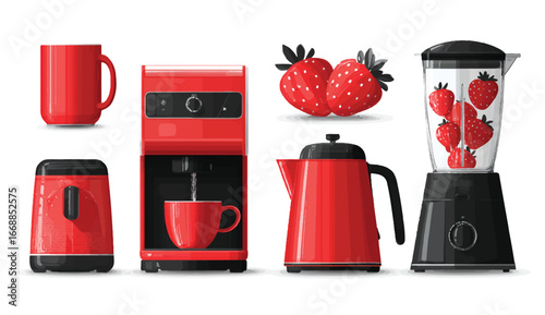 Modern Kitchen Appliances in Red and Black for Coffee Tea and Smoothie Preparation with Fresh Strawberries