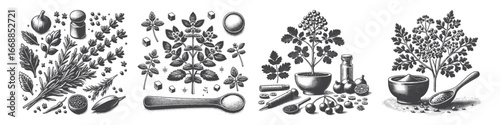 Vintage Hand-Drawn Spice Set Illustration, Culinary Herb Engraved Vector for Kitchen and T-Shirt Design