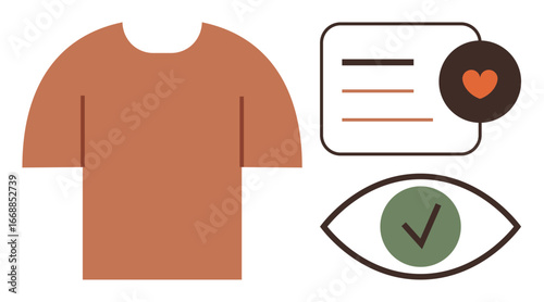 Brown T-shirt, approval eye with green checkmark, love icon, and text list. Ideal for ethics, sustainability, fashion, quality e-commerce eco-lifestyle mindful shopping. Simple flat metaphor