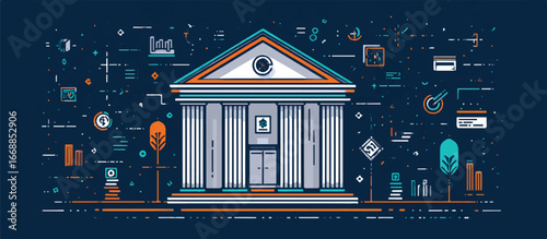 Modern vector illustration of a financial institution amidst digital banking elements and data analytics for web design and finance technology solutions