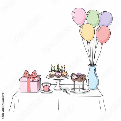 Birthday party table with pastel cupcakes, gift, and balloons  