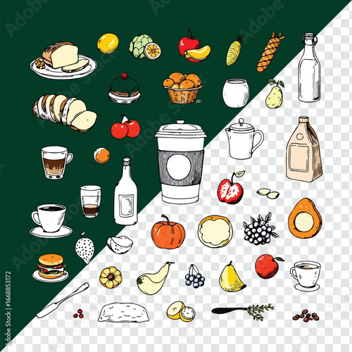 Assorted food and drink items arranged on a dual background surface doodles style icon set