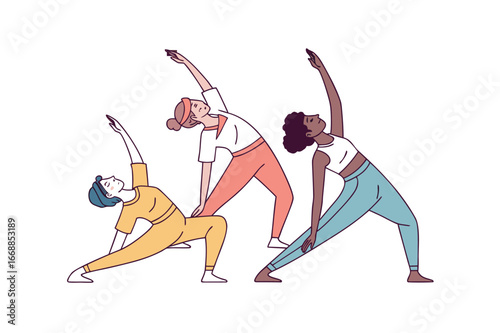 Group of diverse yoga practitioners mixed genders ethnicities wellness and balance vector