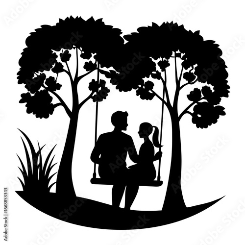 Silhouette vector of a man and woman playfully sitting on a swing in the garden