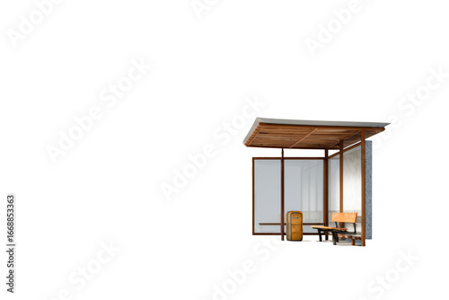 A bus shelter, wooden construction, waiting, with a chair and trash can