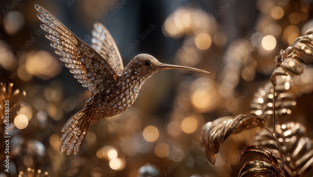 Obraz premium Golden hummingbird ornament in flight, detailed with glittering embellishments, against a bokeh background of golden foliage
